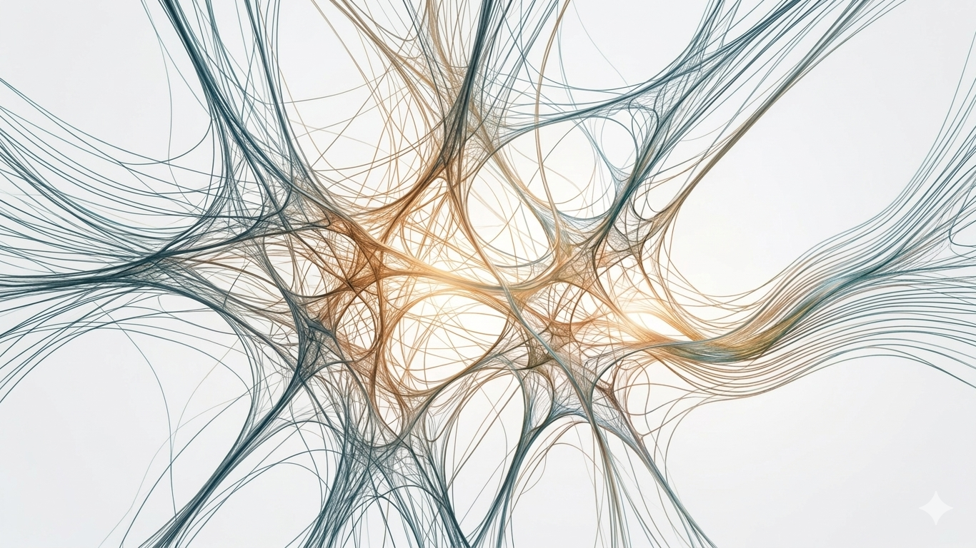 Abstract web of interwoven fine lines showing a complex fascia network in brand teal and gold colors