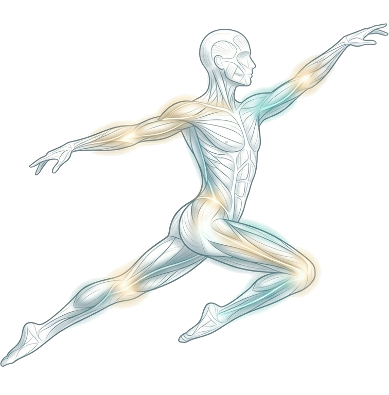Minimalist illustration of an athlete in motion highlighting muscle alignment and optimal athletic performance
