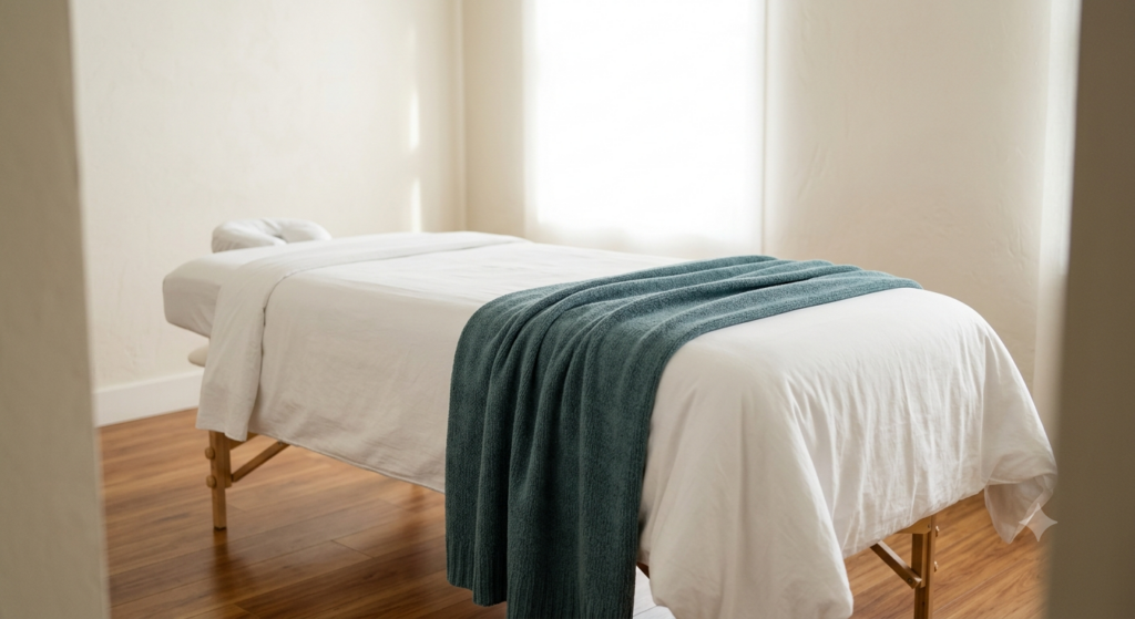 Premium movement therapy studio treatment room featuring a clean massage bed with a teal blanket in Alberton